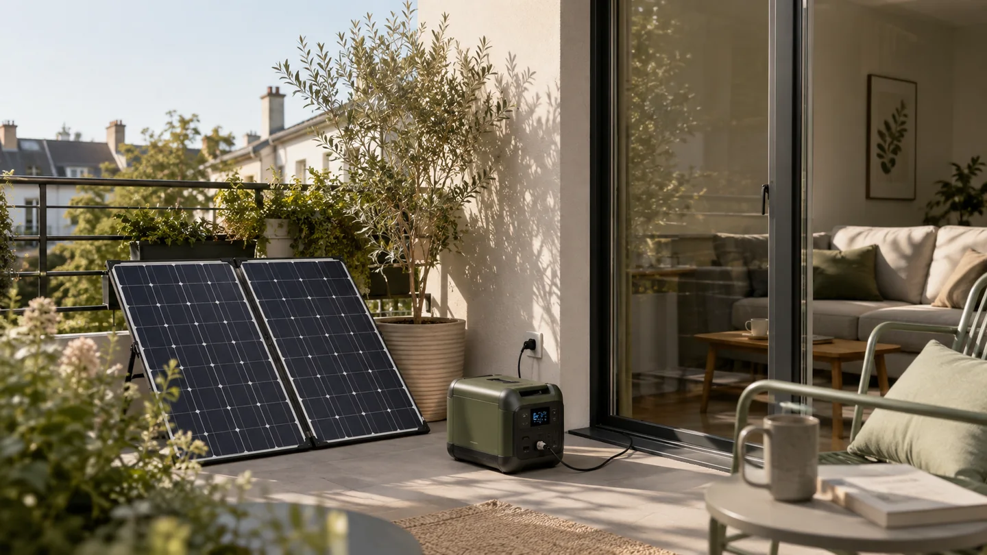 Balcon d'un logement avec deux panneaux solaires et une station électrique portable
